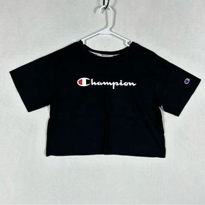 Champion Cropped Logo Short Sleeve Womens Small Black Crewneck T Shirt Loose Fit